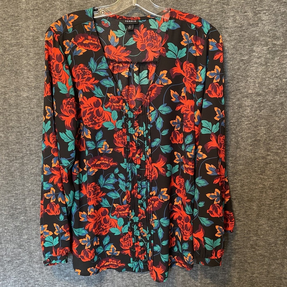 Torrid Top Womens 0 Large Red Blue Floral Pintuck Button Up Flowy Office‎ Career